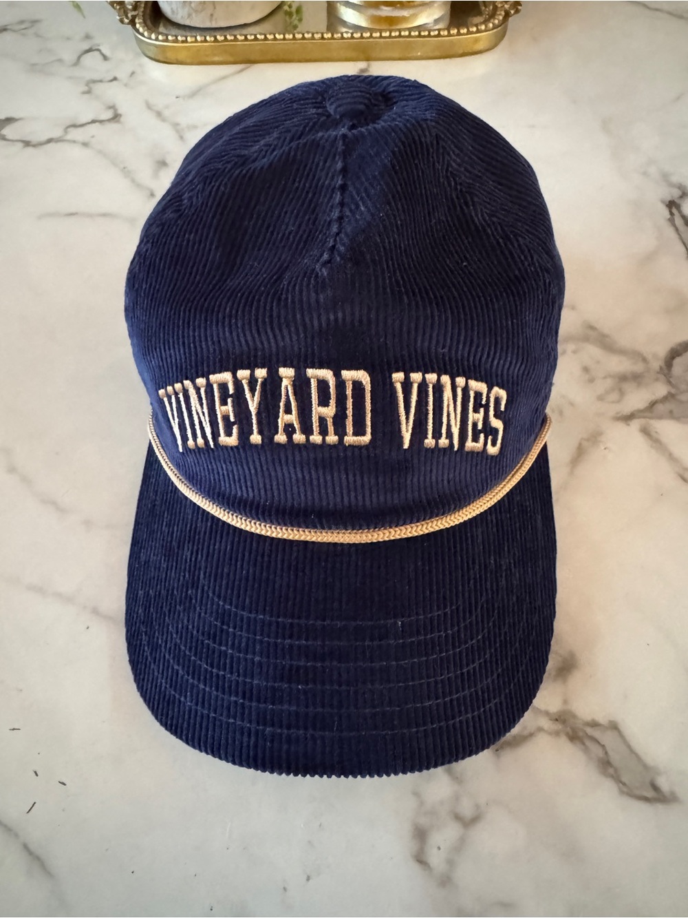 Vineyard Vines Navy Corduroy Cap with Gold Rope Trim